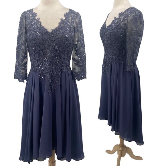 JJs House Lace Bodice Midi Dress Pleated A Line Hi Low Blue Stormy Womens 10 - Picture 1 of 13